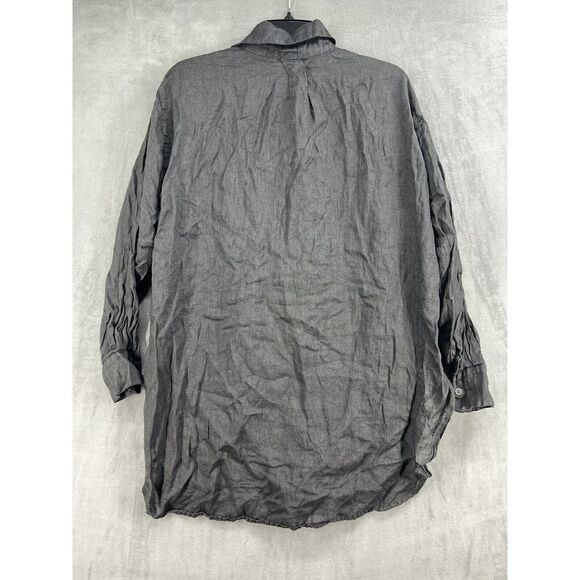 Cp Shades Solid Ruffled Linen Blouse Oversized Button Front Vintage Grey - Picture 3 of 7